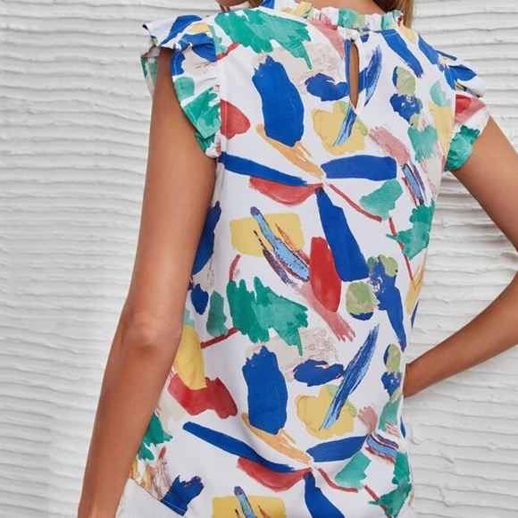 Pink blue butterfly sleeve mock neck watercolor blouse - Picture 2 of 6